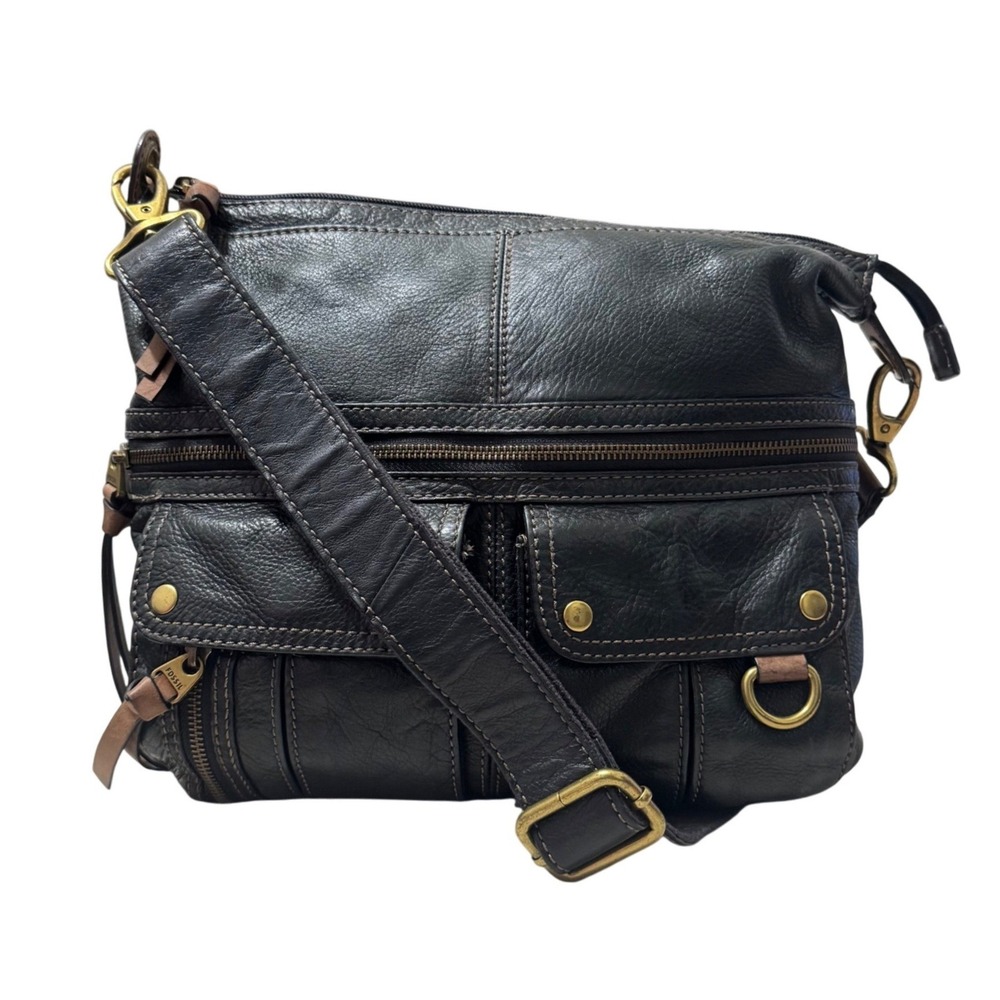 Fossil Morgan Traveler Messenger Bag Womens Medium Black Leather Crossbody